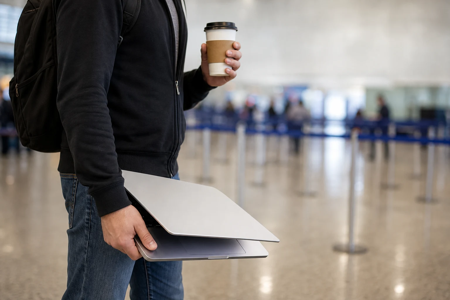 Developer in an airport queue carrying an almost-closed laptop by the outer front corner of its keyboard base