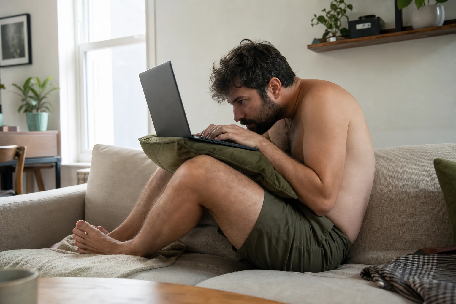 Developer curled tightly around a laptop on a couch