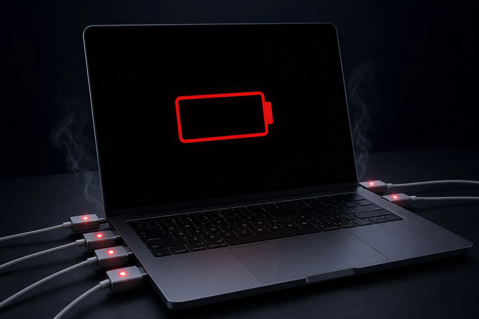 An empty-battery MacBook connected to a ridiculous number of chargers whose status lights are all red