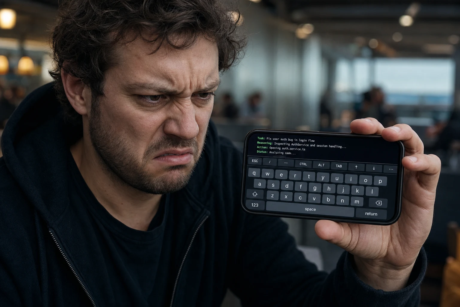 A frustrated developer looking at an iPhone where the on-screen keyboard hides most of a coding-agent session