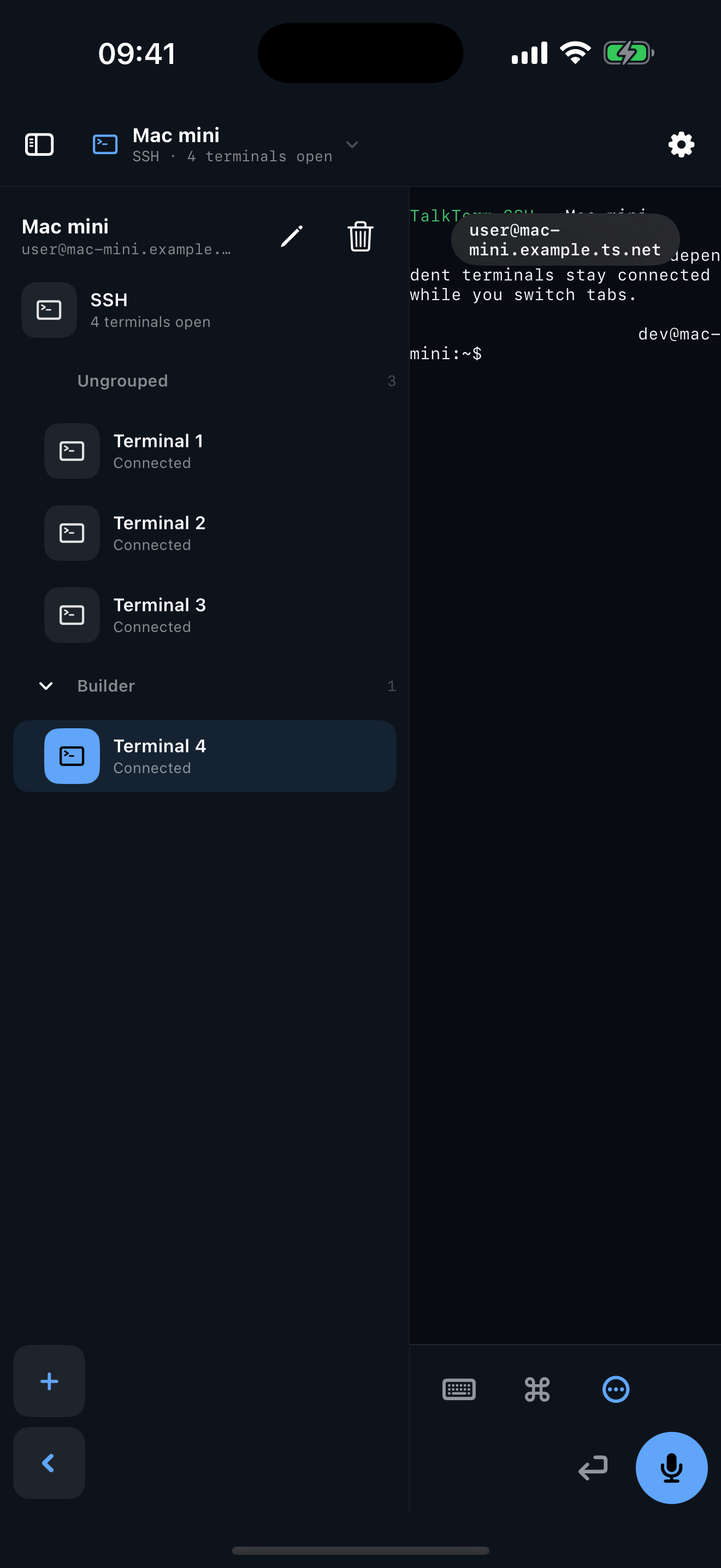 TalkTerm showing grouped SSH terminals on an iPhone