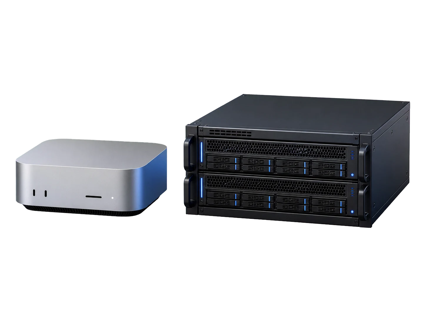 Mac mini and server rack representing a remote agent host