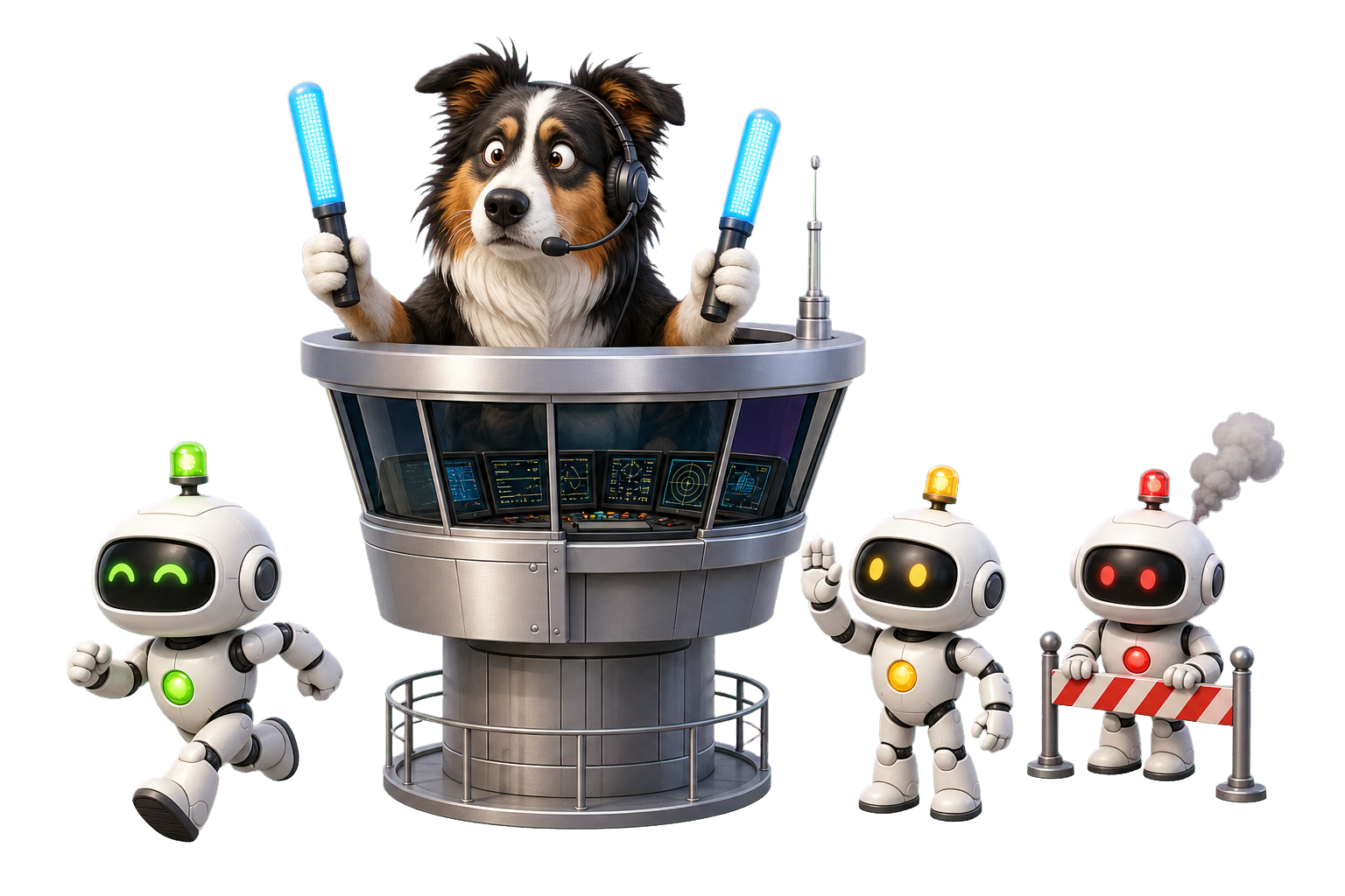 A shepherd dog in a control tower coordinating running, waiting, and blocked coding robots