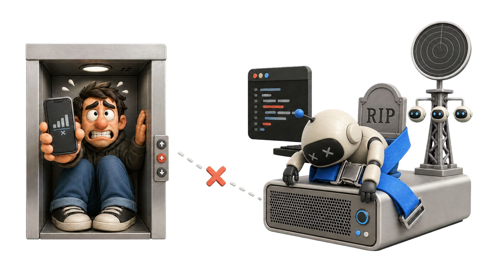 A developer loses phone reception in an elevator while a buckled-up coding robot lies powered off beside a RIP marker on its remote host