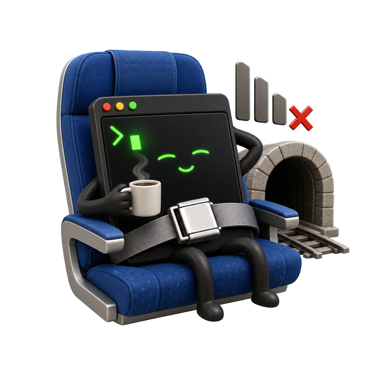 A relaxed terminal process buckled into a train seat while the connection disappears in a tunnel