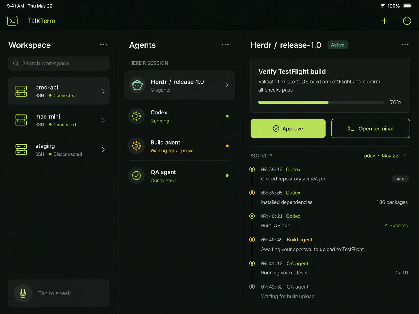 TalkTerm on iPad controlling Herdr and coding agents