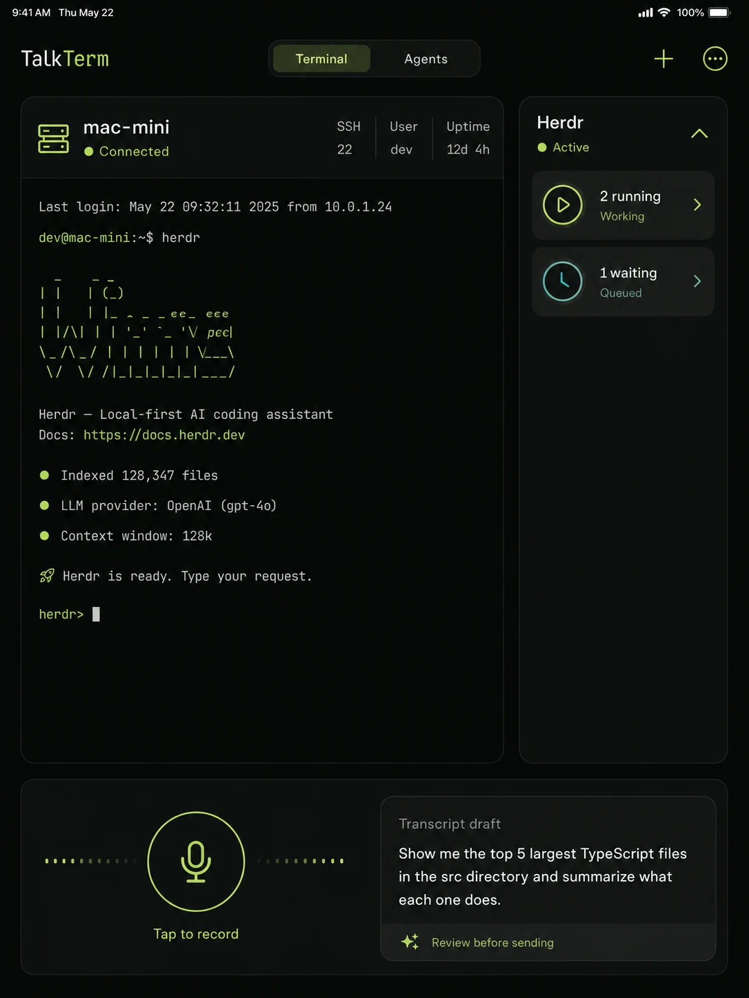 TalkTerm in portrait on iPad with terminal and Herdr status