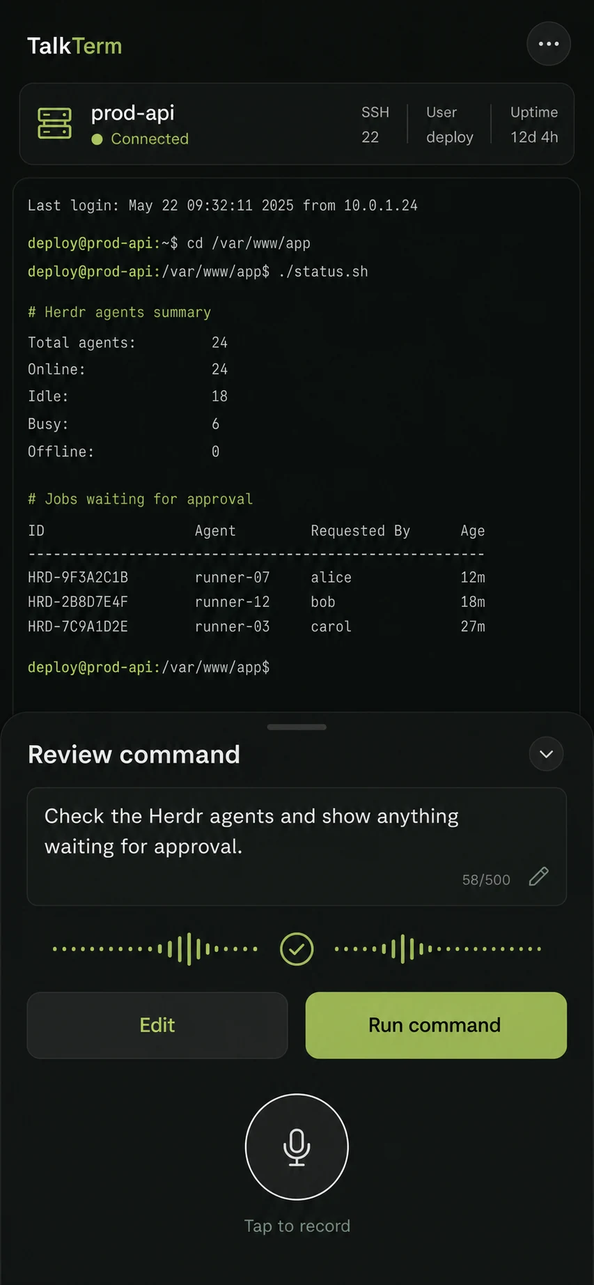 TalkTerm voice command review screen after recording has stopped