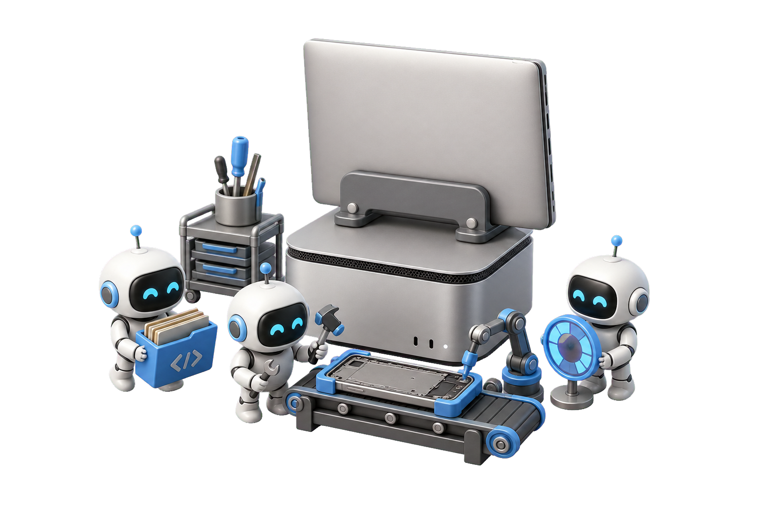 Tiny coding robots turning an idle Mac and laptop into a productive agent workshop