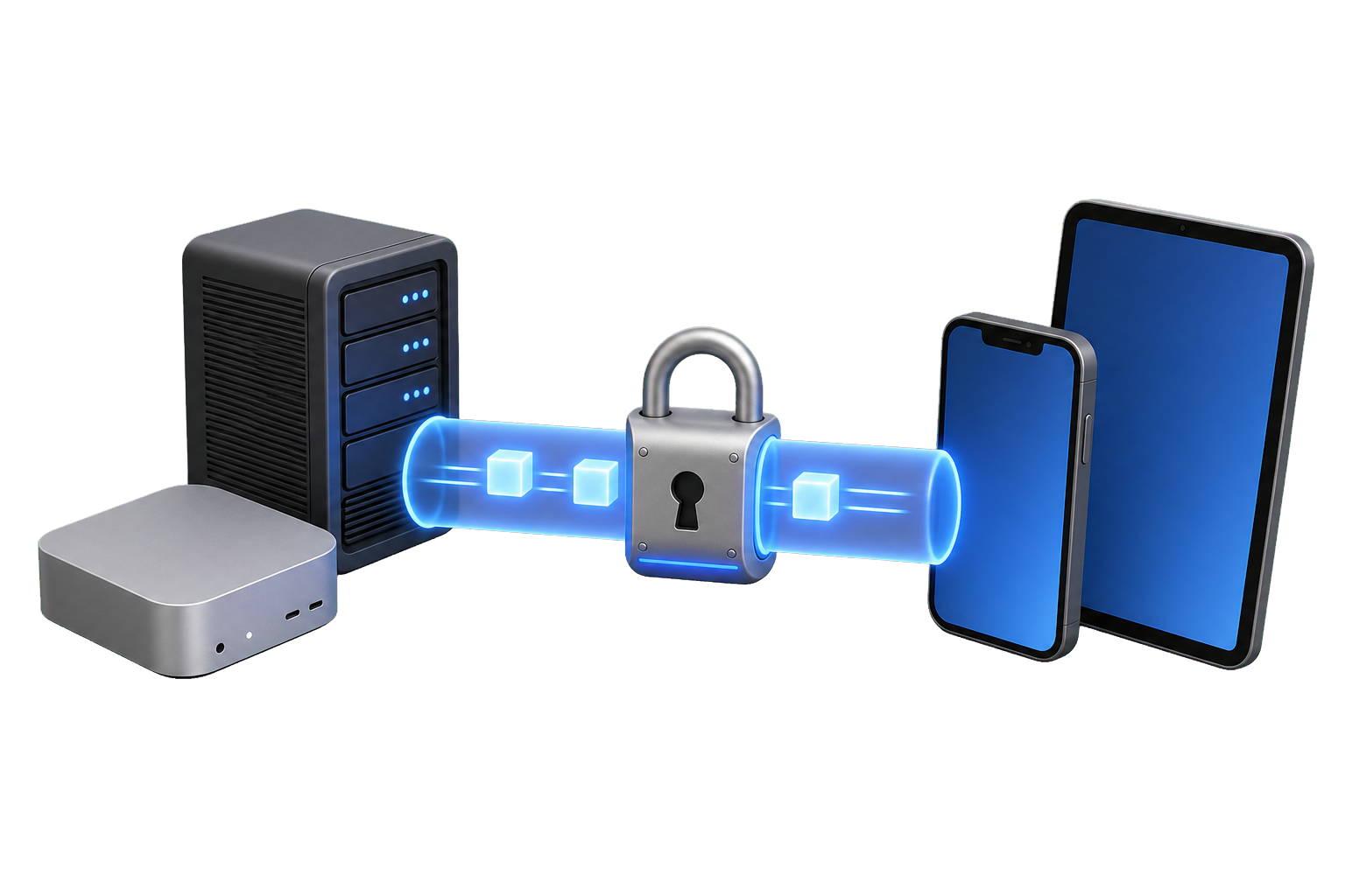 A Mac, server, iPhone, and iPad connected through a glowing private tunnel secured by a lock