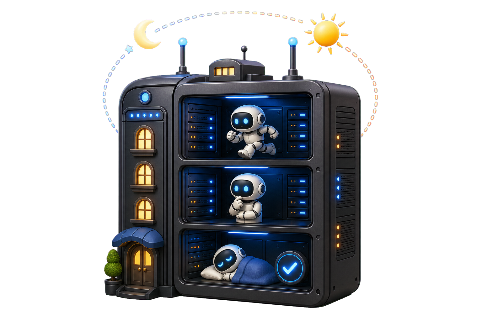 A playful server hotel where coding robots keep working through day and night